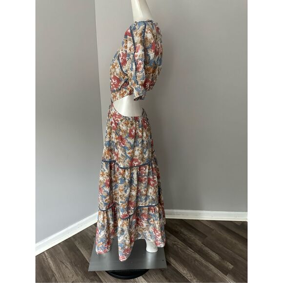 NWT En Saison Floral Cutout Puff Sleeve Soleil Midi Dress Multicolor Medium $145 - Picture 7 of 11